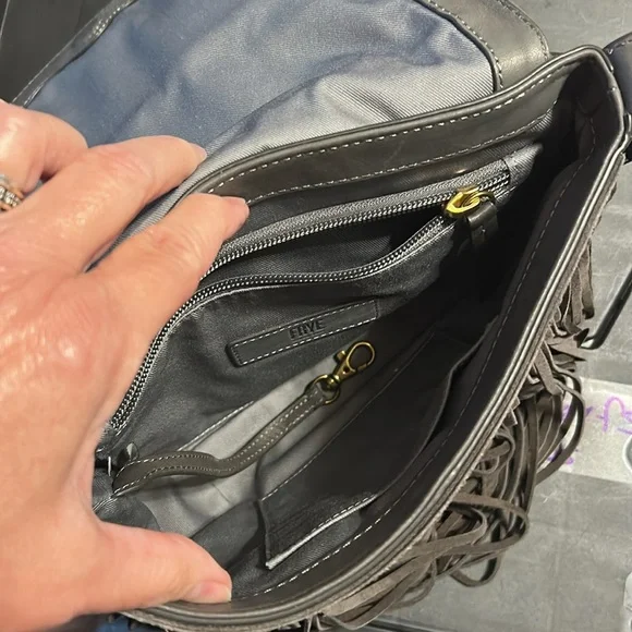 Frye leather Fringe Crossbody Bag. Gray, preowned, good condition. - Picture 5 of 16